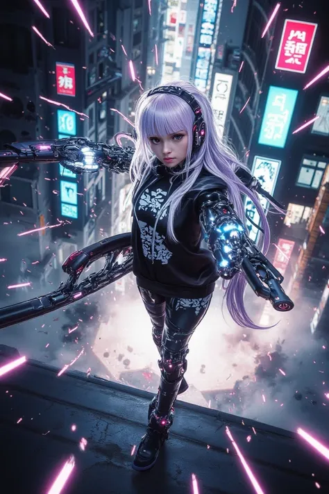  1 girl,  Alone,  city  light on the side, ( cyberpunk,  cyberpunk style),  from above,  青blackい髪,  long hair, bangs,   headphones , chest,  black_ hoodie, gun, arms, holding、 Plasma Gun Sword , 
 cyborg, mechanical_ bodysツ , 
 watch viewers, Staring ,  is...