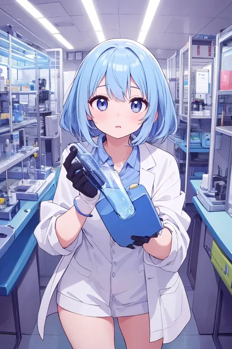 "A dedicated female scientist working in a high-tech laboratory. She is wearing a white lab coat, safety goggles, and gloves. She is carefully analyzing a liquid sample in a test tube, with various scientific equipment, microscopes, and chemical flasks aro...