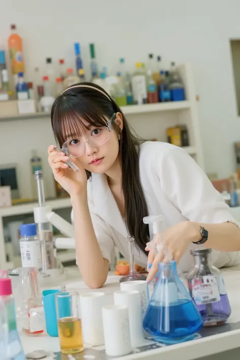 "A dedicated female scientist working in a high-tech laboratory. She is wearing a white lab coat, safety goggles, and gloves. She is carefully analyzing a liquid sample in a test tube, with various scientific equipment, microscopes, and chemical flasks aro...