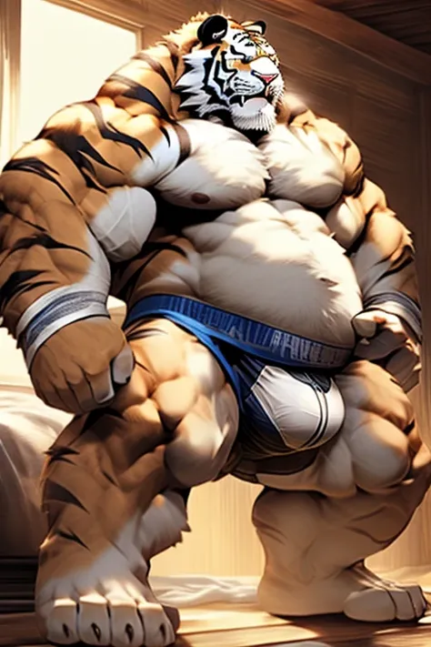 Shirtless male tiger beast man 。Huge belly。 Huge Muscles。(White jockstrap:1.5)。( extremely huge bulge:1.5)。barefoot。