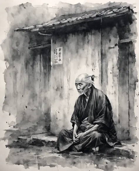  black and white painting 、 ink painting、rain、 mamba hair、 Put an old man's face on his face、Cross-legged、Japanese clothing、An old man's expression 、Corner 2、