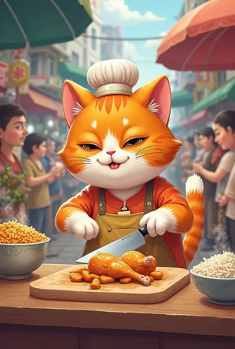 Want to create a picture of an orange, white-cut meow cat, chopping chicken, selling extra chicken rice to customers. 