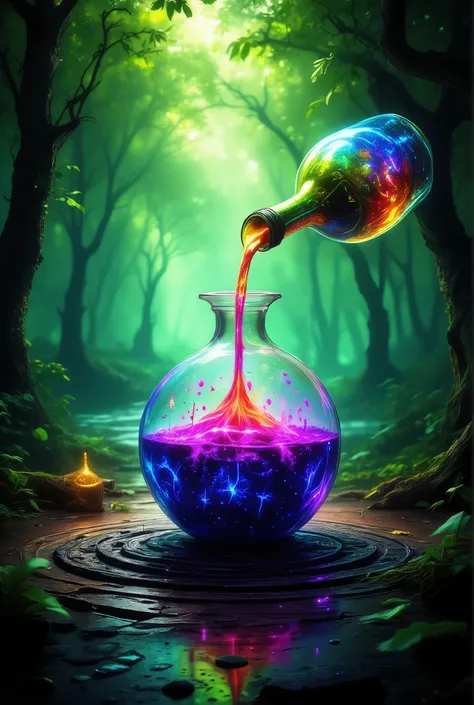 A bottle pours powder into a large vat with patterns on the background of the forest,  Masterpiece ,  8 k,  a maximum of details , fantasy style,