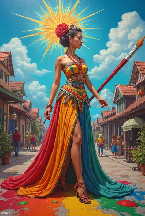 ### **Central Figure:**  
At the heart of the mural, a **radiant young woman**, dressed in a modernized Biliranon costume, gracefully holds a **giant paintbrush** that seems to spill vibrant colors across the townscape. These colors blend into different el...