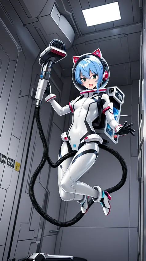 1girl,light blue hair,short hair,green eyes,solo,she in white sleek bodysuit with black joint and gray joint accents,floating midair in zero gravity,from front view, looking at the viewer with a flustered expression,open mouth,wide eyes,wearing cat-ear hea...