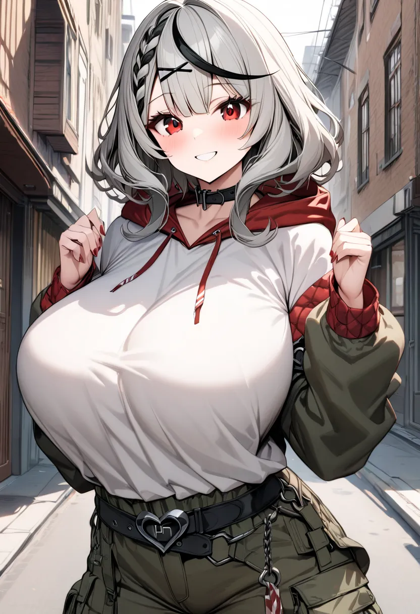 ( best quality , 8k , masterpiece , incredibly absurdres , perfect body , super detailed skin , highly detailed eyes and face , 1 woman ) ,  Sakamata Chloe , Silver Hair , red eyes , smile ,  will be happy , (  hooded sweatshirt、 cargo pants  , street : 1....