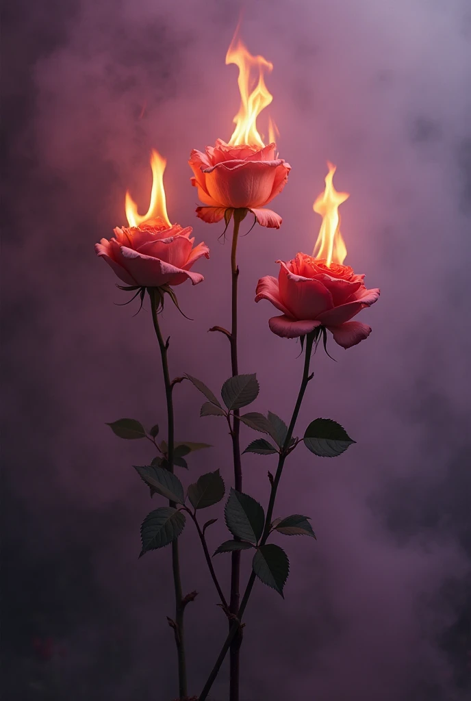  Create a photo that sets faded roses on fire. violet,  3 tall pale roses in red and pink . Do not show hands in the photo  