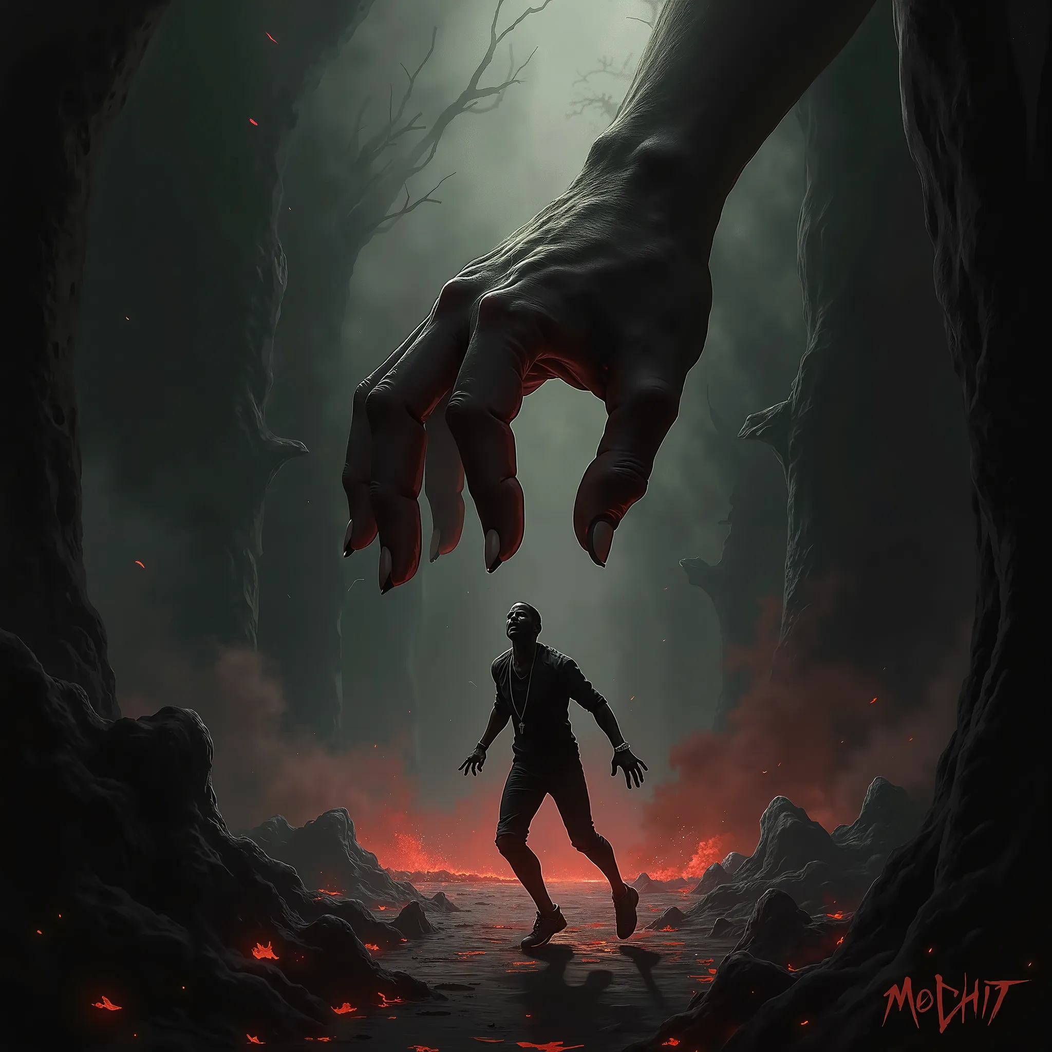 I WANT A COVER FOR MY NEW RAP SONG CALLED (MCHIT) in THIS COVER I WANT A DEMON HAND TRYING TO CATCH A BODY WHICH IS MY BODY FLEEING FROM THE DEVIL HAND