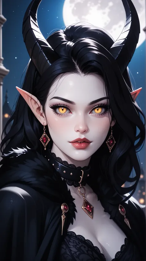 score_9, score_8_ upwards, score_7_ upwards, score_6_ upwards, score_5_ upwards, ((( beautiful , high quality))), looks towards , portrait, score_9, score_8_ upwards, score_7_ upwards, black sclera , slit p upwardsils, A tiefling, spider eyes , yello...