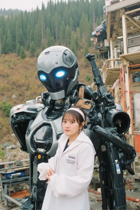 "A lone female scientist standing in a secluded mountain laboratory, surrounded by dense forests and misty peaks. She is wearing a white lab coat and futuristic goggles, looking proudly at the humanoid robot she created. The robot stands beside her, sleek ...