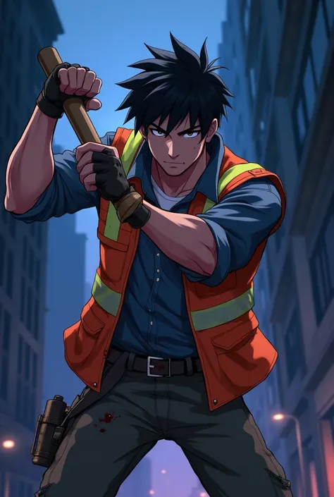 A Webtoon-style anime illustration featuring a male protagonist with black hair in a dark alley during late evening, swinging a hammer directly at the viewer as if striking the camera. He has sharp and noble facial features resembling Rai Zel from Noblesse...