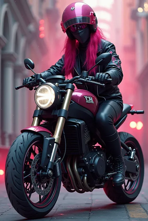 araffe with pink hair sitting on a motorcycle with a helmet on, sitting on a motorcycle, sitting on cyberpunk motorbike, with pink hair, riding a motorcycle, motorcycle, riding a motorbike, motorbike, looks like a mix of grimes, haruno sakura, akira moto, ...