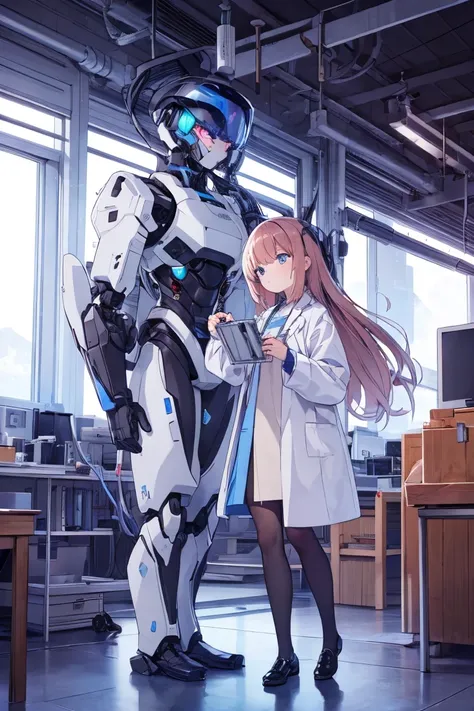 "A lone female scientist standing in a secluded mountain laboratory, surrounded by dense forests and misty peaks. She is wearing a white lab coat and futuristic goggles, looking proudly at the humanoid robot she created. The robot stands beside her, sleek ...