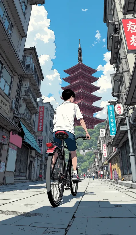  taken from below、 Fisheye 、 a comic about a high school student riding a bicycle down the street next to the five-story pagoda, In an animated movie in Kyoto ,  complex realistic painting  , Choi Buk, Jang Seung-op, City Concept Art, Low level of detail. ...