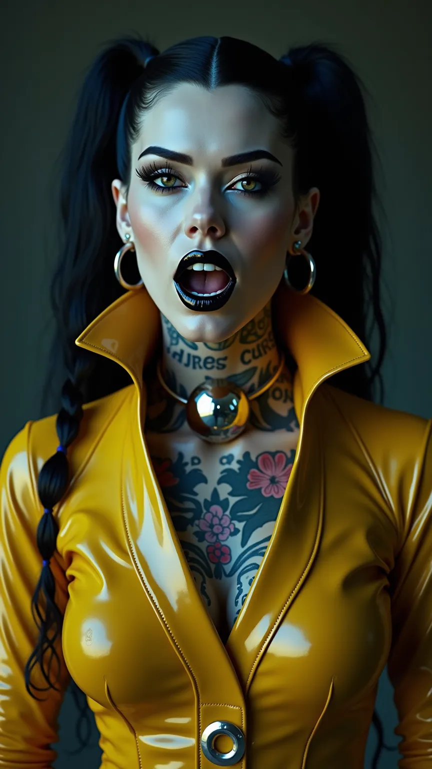 ANGELINA JOLIE, Dominatrix  , pale skin, vampire, nosferatu, BDSM, blue yellow latex , brilliant, metallic, corps latex noir, leggings en latex noir,   latex Japanese latex kimono  , cuissardes Bottes en latex yellow pour les cuisses, yellow latex corset, ...