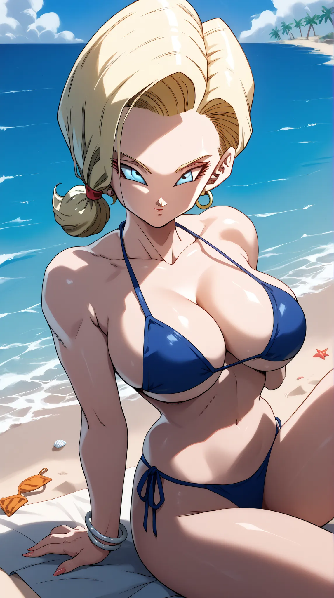  Dragon Ball Android 18,beach,  wallpaper , Look naughty and lustful ,Mom ,milf ( mature mom) , alone,  bikini, pose sexy , short blond hair 