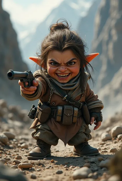 A tiny female dwarf with a gun in her hand who looks angry