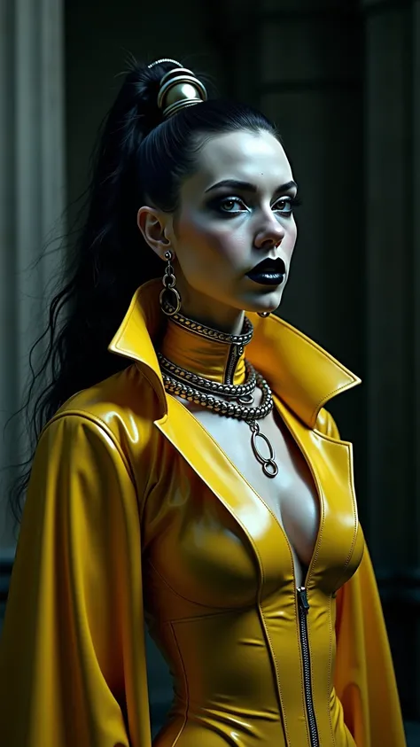 ANGELINA JOLIE, Dominatrix  , pale skin, vampire, nosferatu, BDSM, blue yellow latex , brilliant, metallic, corps latex noir, leggings en latex noir,   latex Japanese latex kimono  , cuissardes Bottes en latex yellow pour les cuisses, yellow latex corset, ...