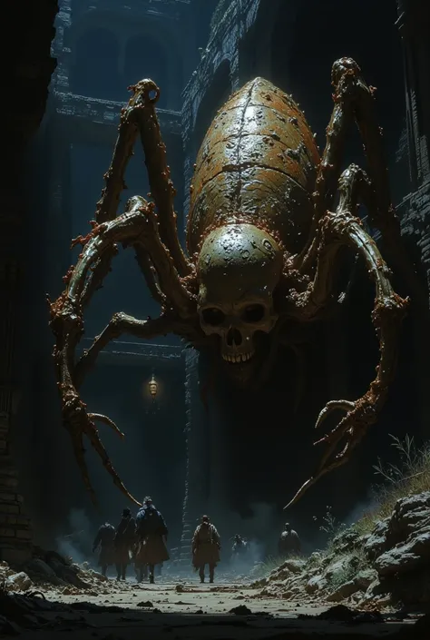 a monstrous spider, made of bones and rotten flesh, its legs like fingers of hooked and murderous bone