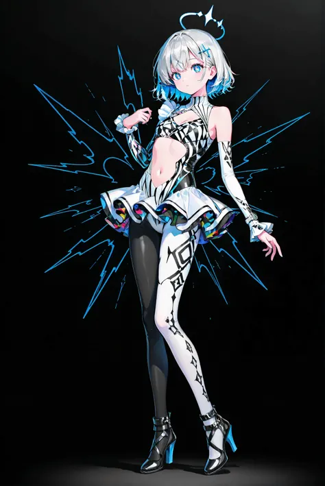 hud_asym_leot4rd , bodysuit, asymmetrical clothes, midriff, white leotard,  single pants
,limited palette, Black Background ,Colorful, vivid colors ,Flashing silhouette ,neon,black light ,watch,  Masterpiece,  very beautiful ,, （ stands，whole body， high he...