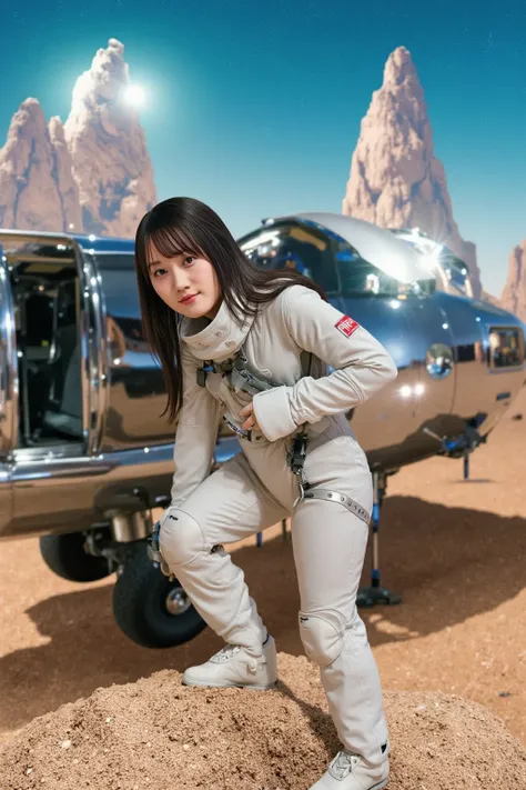 A brave female astronaut stepping out of a futuristic spaceship onto the surface of an uncharted planet. She wears a sleek, high-tech space suit with a reflective helmet, and her expression shows awe and determination. The planet’s landscape is vast and my...