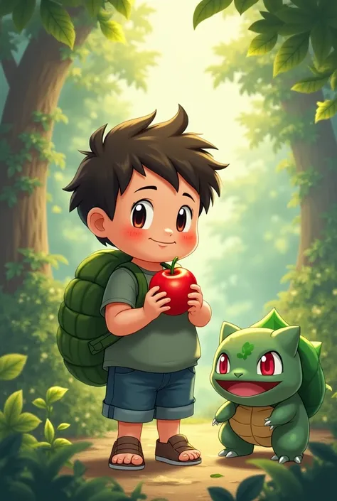 Obese boy with an apple in his hand with a bulbasaur next to him