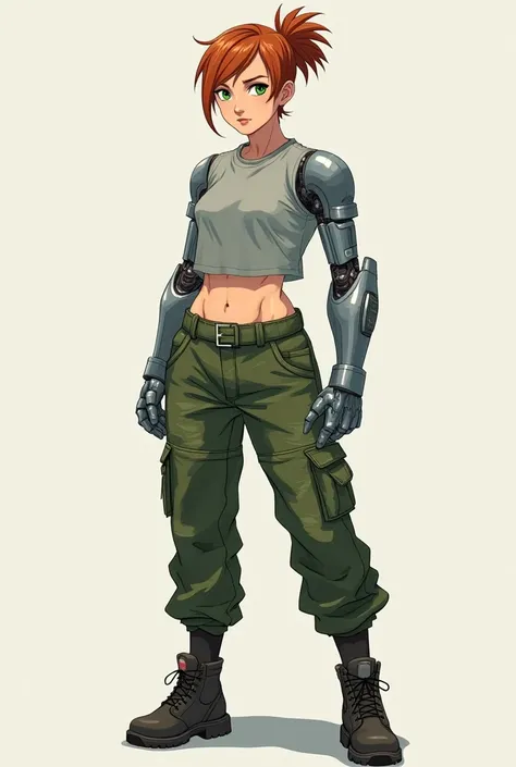 Anime; female; athletic; metal prosthetic right arm; green camo army slacks; combat boots; plain grey exercise shirt; bronze-coloured hair and eyes; short, spiky ponytail; full body shot