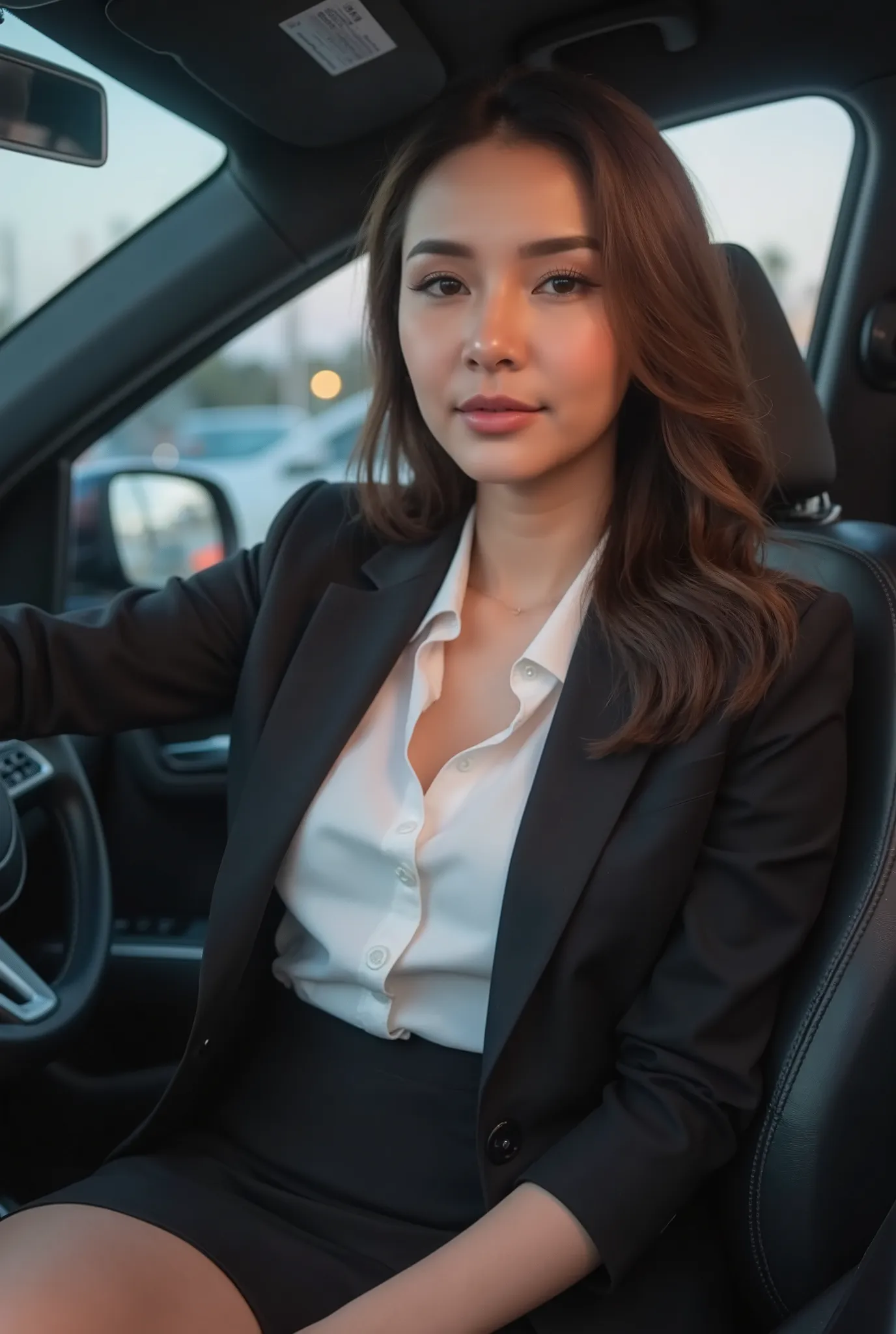 A stunningly beautiful woman in a chic office outfit—tailored blazer, crisp white blouse, and pencil skirt—sits confidently behind the wheel of her car, driving home after a long day. The soft glow of the setting sun filters through the windows, highlighti...