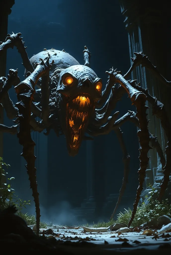 a monstrous spider, made of bones and rotten flesh, its legs like fingers of hooked and murderous bone