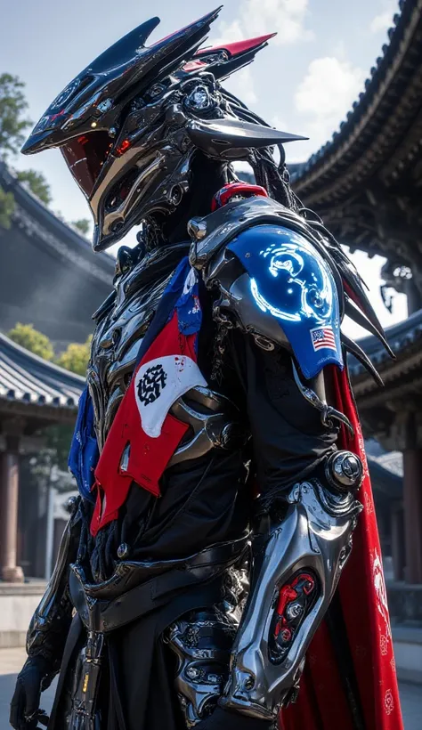 Here’s a detailed prompt tailored to your request, incorporating South Korea's cultural elements, Mandalorian armor, and hyper-realistic visuals:

**"A hyper-realistic, close-up illustration of a Mandalorian warrior inspired by South Korean culture, wearin...