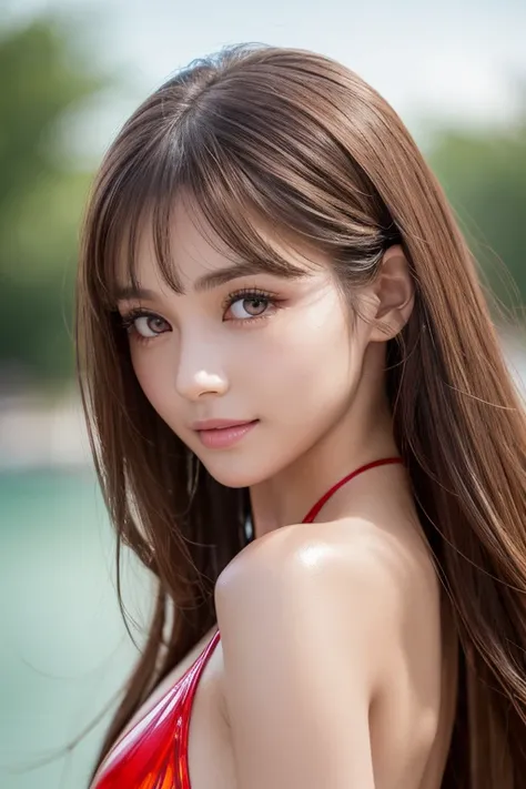 beautiful very pretty girl ,
 beautiful detailed eyes, 
 Double eyelids with attention to detail,
(Big Eyes:1.3), long eyelashes see-through bangs ,
 sharp concentration,
(  beautiful detailed face and eyes  :1.5), 
 Long Straight Brown Hair , 
歯が見える幸せなsmi...