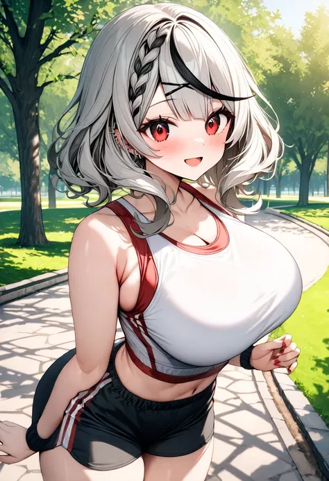 ( best quality , 8k , masterpiece , incredibly absurdres , perfect body , super detailed skin , highly detailed eyes and face , 1 woman ) ,  Sakamata Chloe , Silver Hair , red eyes , smile ,  will be happy , (  sportswear、 sports bra、 shorts , park , stone...