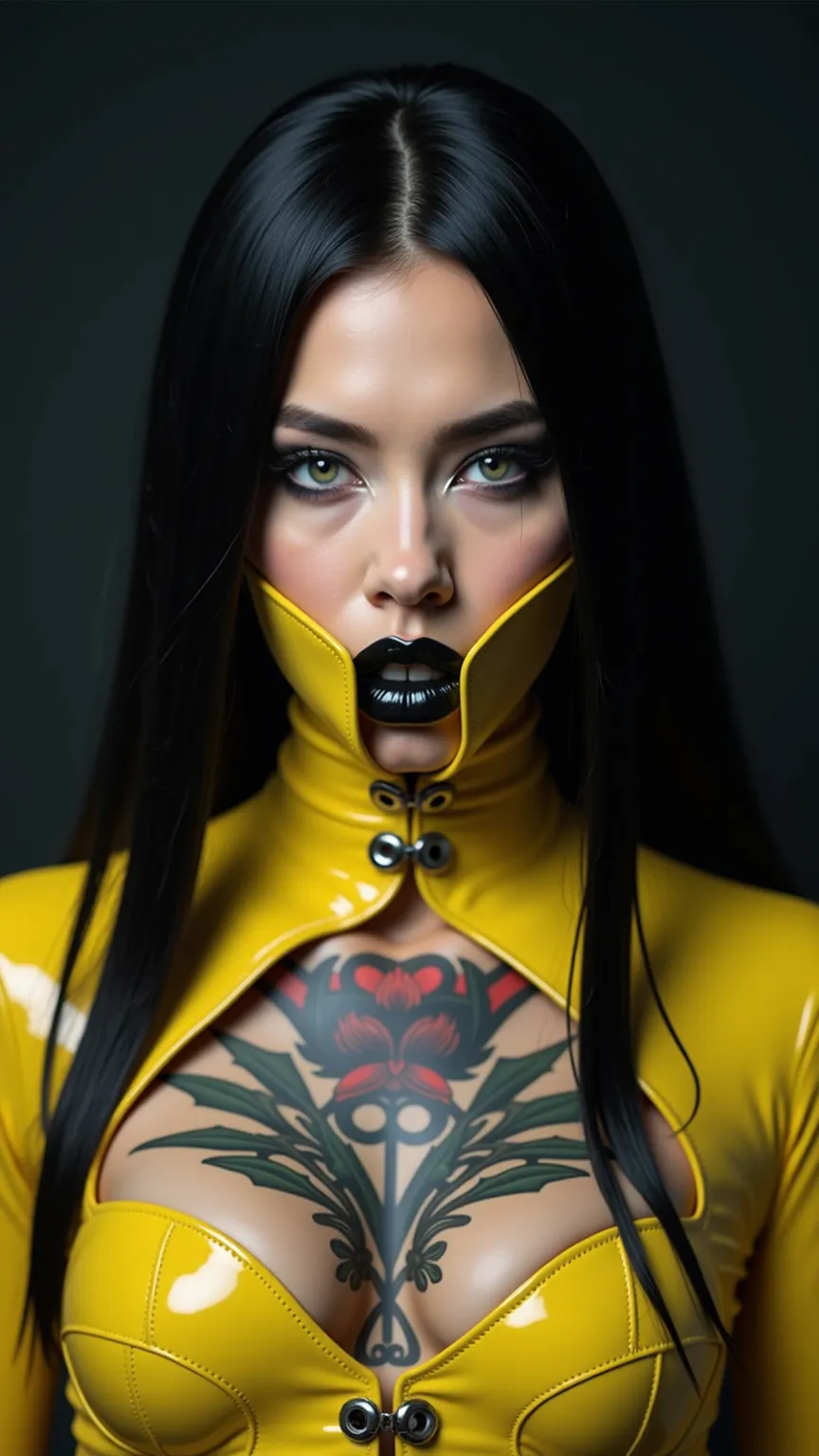 ANGELINA JOLIE, Dominatrix  , BDSM, blue yellow latex , brilliant, metallic, corps latex noir, leggings en latex noir,   latex Japanese latex kimono  , cuissardes Bottes en latex yellow pour les cuisses, yellow latex corset, heavy yellow corset neck coveri...