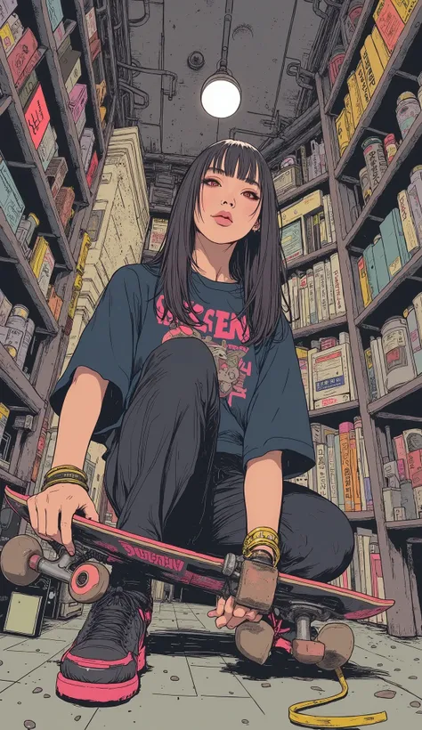  taken from below、 Fisheye 、Cartoon photo of a Japanese woman holding a skateboard and sitting on a shelf,  cyberpunk art inspired by Josan Gonzalez,  trending on pixiv,  Afrofuturism , Anime Mecha Aesthetics ,  Afrofuturism  anime, Akira Vibe, Akira art s...