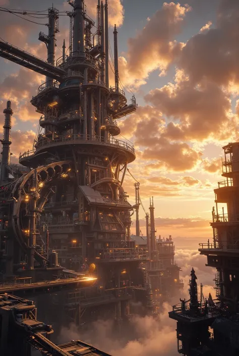 (Fantasy steampunk scene where crazy steampunk technicians work in a flashy, cool, gorgeous, and magical steam engine city)(Many steel structure 、 Steel Tower  、brass、gear、  light on the side、illumination、)(fantasy engineer)      、  (Sunset)