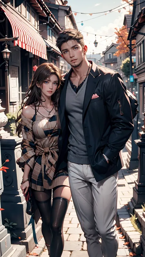  masterpiece, Anime,  cute,  cute,  romantic,  best quality, [ two men and women,  couple,  matured, adult, Height difference ,  different fashions, Different colors,  Casual Outfits,  Long Sleeve, smile,  happy, like, Swirling Wind,  blue sky,   long hair...