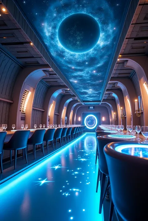 It sounds like you're envisioning a futuristic, space-themed restaurant, which could be an incredible concept! Based on that, here are some creative ideas for the atmosphere, menu, and overall dining experience that could perfectly match the theme:

*Ambia...