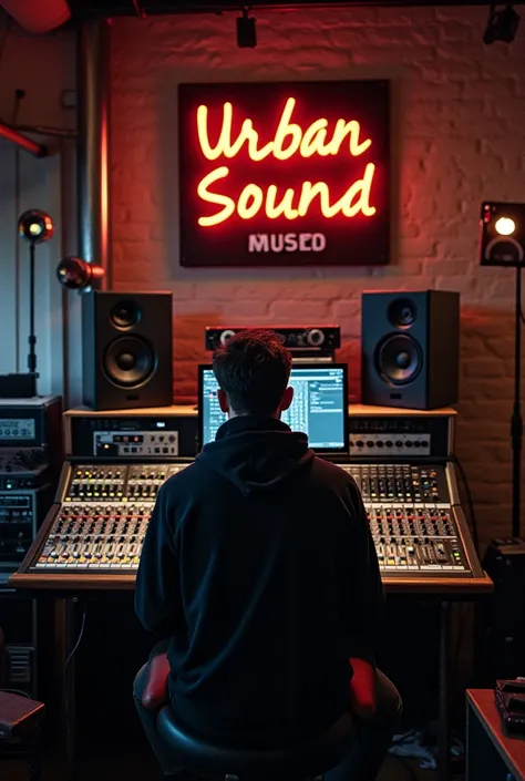 Interior of a music studio ,  with a man sitting from the back wearing a black marrow with a sign on the wall written URBAN SOUND music 