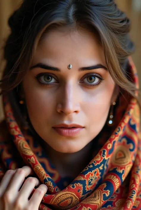 Use these facial features create image of Positive Prompt:
"A hyper-realistic, cinematic close-up portrait of a young woman with large, expressive brown eyes filled with emotion, her gaze soft yet melancholic. Her delicate face is framed by smooth, chestnu...