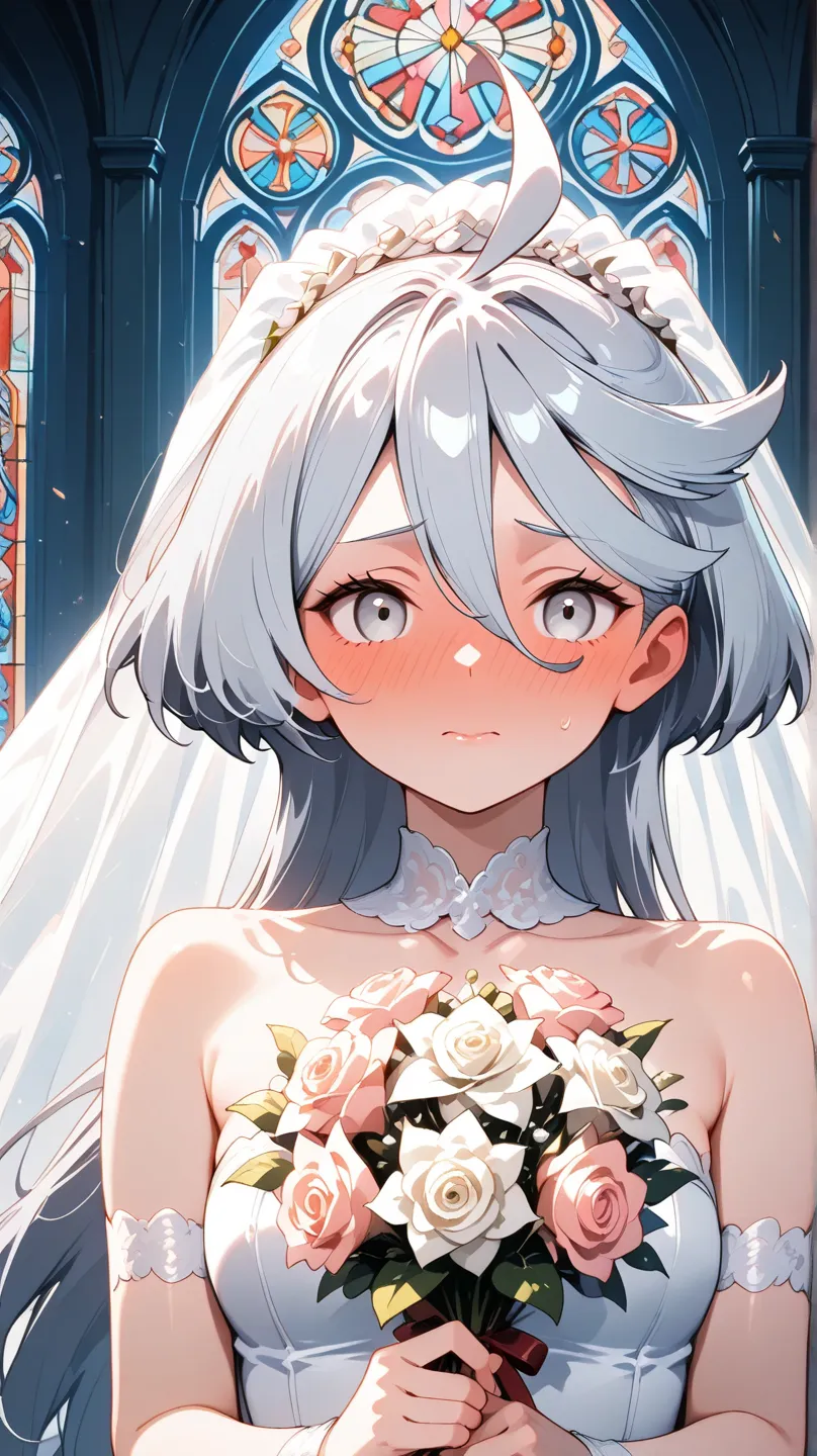 upper body, miorine rembran, 1girl, closed mouth, ahoge, hair between eyes, grey eyes, grey hair, long hair, swept bangs, full-face blush, embarrassed, lipgloss, bridal veil, wedding dress, holding bouquet, stained glass, church,