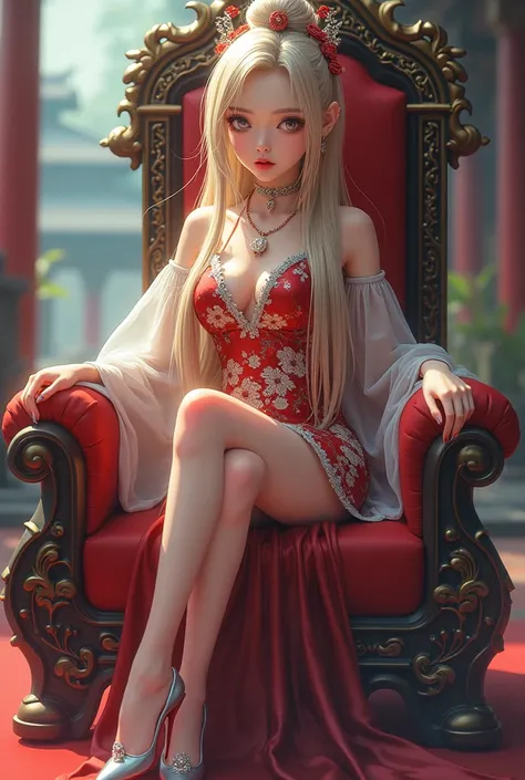 A girl in a traditional Chinese dress with blonde hair, stabbed with stilettos in a neat hairstyle, and silvery eyes,  sitting on a throne . In the style of anime 4k