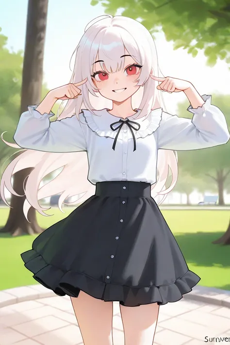 1girl, teenager, white long hair, red eyes, casual cute outfit, in a park, looking at wiever, smile, greeting, daytime, dynamic lighting, sunny day, cute pose