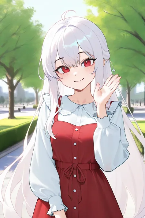 1girl, white long hair, red eyes, casual cute outfit, in a park, looking at wiever, smile, greeting, daytime, dynamic lighting, sunny day, cute pose