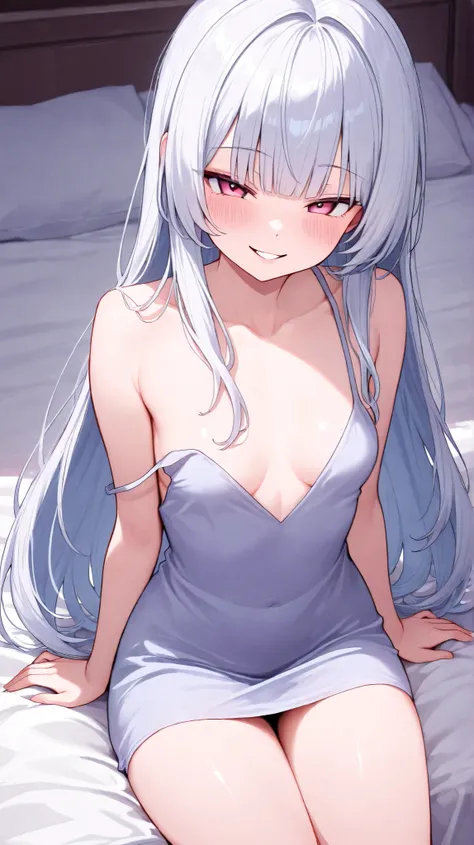 1womanl, 25yo, thin body, naughty smile, slip dress, sitting on large bed, solo,  blush, long hair, small breasts, bangs, parted lips,  detailed skin texture,  light novel illustration,