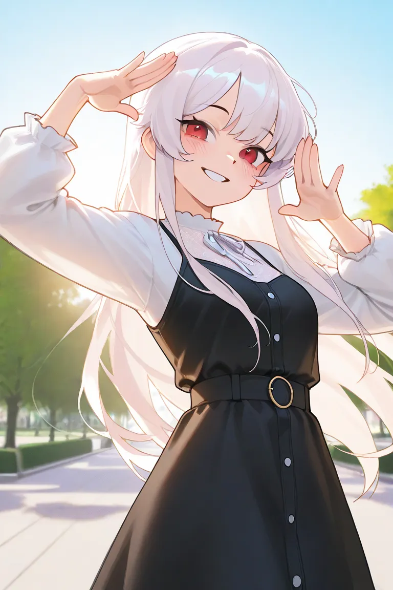 1girl, white long hair, red eyes, casual cute outfit, in a park, looking at wiever, smile, greeting, daytime, dynamic lighting, sunny day, cute pose