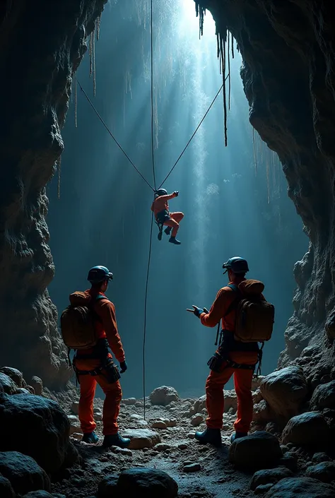 3 speleologysts inside a cave. One of them is at the back rappeling. Another one is on the front taking blood out form the finger of the third speleologyst.