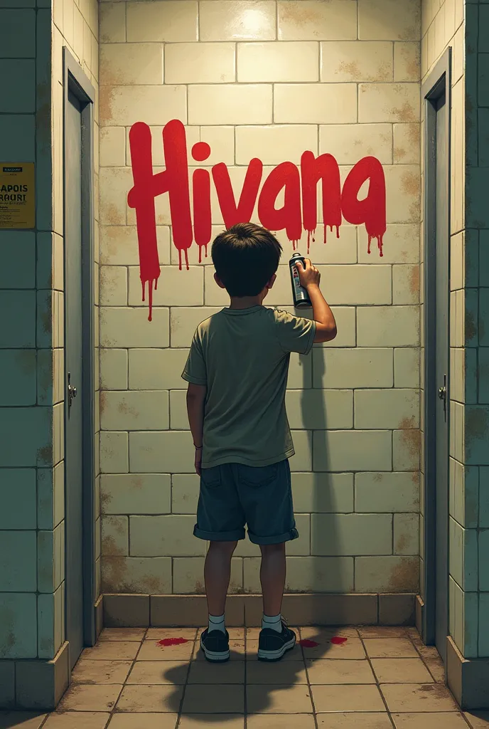  a boy is facing his back to the wall of a public bathroom.  she is writing on the wall with a spray bottle .  at the top wrote the word  "Hivana ".