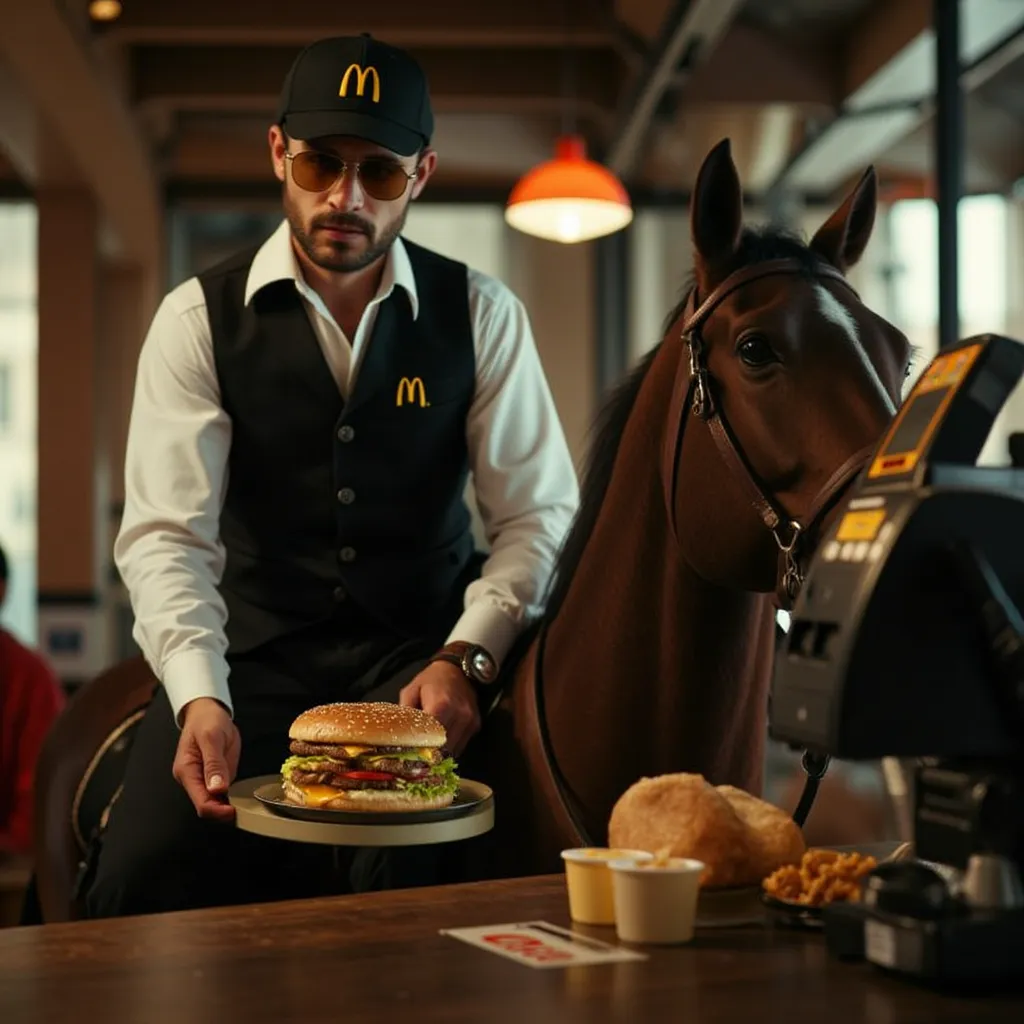 ultra-realistic, photorealistic, dramatic scene, a super cool Businessman, manager with a bag and a sunglass, wearing a uniform of black vest on the white shirt, cap with inverted McDonald's logo, He is riding a horse, He is a McDonald's clerk on horseback...