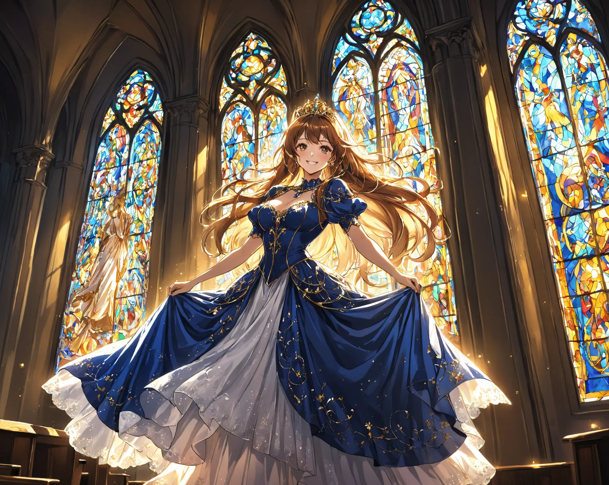  anime、 anime調、 animeイラスト、2D、手描き風 anime、Moe art、 girl manga 、 stained glass、Illuminated by stained glass light、Wide angle full body shot of a woman at an angle from an angle、（Retrospective beauty pose , skirt）、A Beautiful age Woman( big smile full of happi...