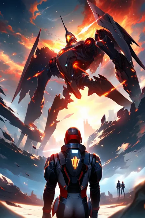 【high quality】【masterpiece】Precise and delicate drawing】【 Dynamic Lighting 】【A ship floats against the background of a fiery sky】from behind　 let the man in the pilot suit stand on the ground、Place the humanoid combat robot on the right 。Worm’s Eye View アー...